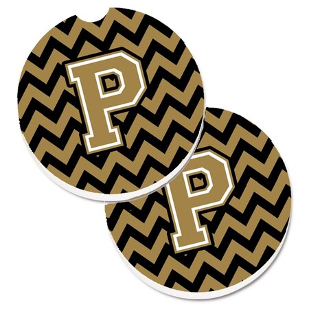 Carolines Treasures Letter P Chevron Black and Gold Set of 2 Cup Holder Car Coaster CJ1050-PCARC